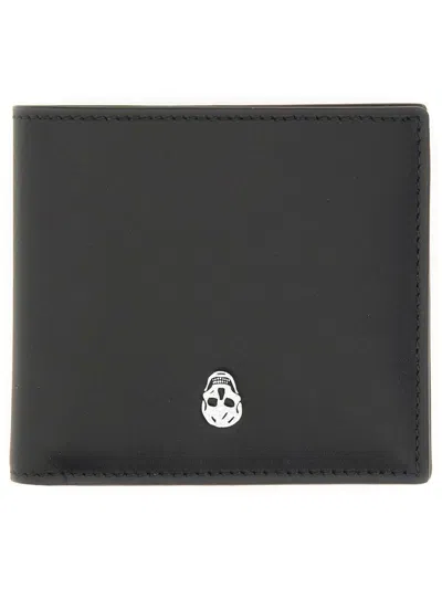 Alexander Mcqueen Calfskin Skull Bifold Card Holder In Black