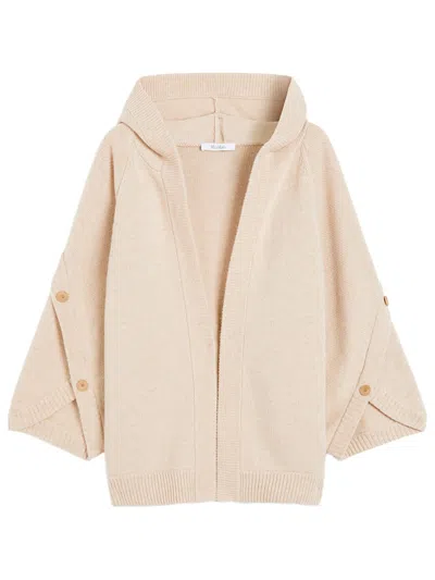 Max Mara Hooded Sweater With Button-detail Sleeves In Wool-cashmere Blend In Neutral