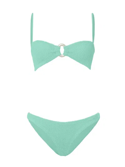 Hunza G Misty Faux Pearl-embellished Seersucker Bikini In Green