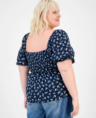 Planet Heart Trendy Plus Puff-sleeve Woven Top In Blue