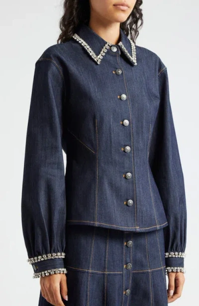 Cinq À Sept Rhinestone Embellished Denim Button-up Shirt