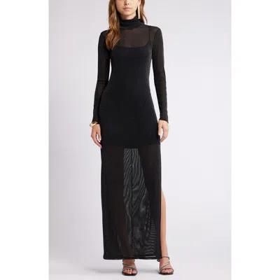Open Edit Metallic Long Sleeve Stretch Mesh Maxi Dress