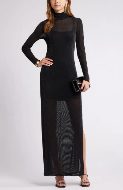 Open Edit Metallic Long Sleeve Stretch Mesh Maxi Dress