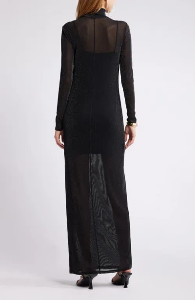 Open Edit Metallic Long Sleeve Stretch Mesh Maxi Dress