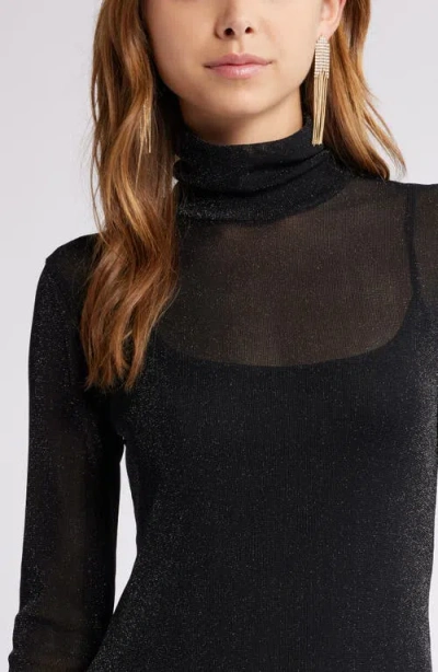 Open Edit Metallic Long Sleeve Stretch Mesh Maxi Dress