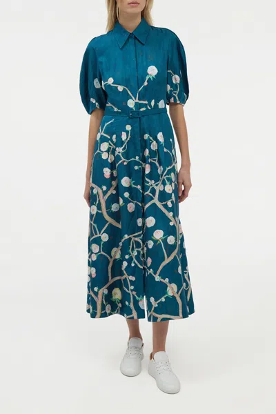 Gabriela Hearst Maude Pleated Midi Shirtdress In Blue Multi Printed Silk Twill