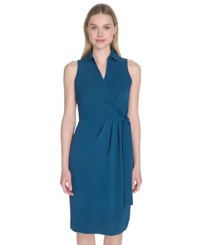 Calvin Klein Women's Sleeveless Wrap V-neck Sheath Dress In Blue