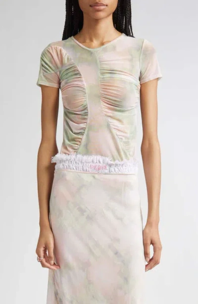 Collina Strada Serpentine Short Sleeve Ruched Mesh Top In Gray