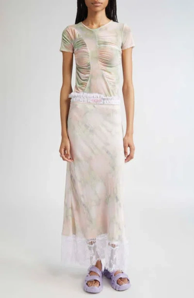 Collina Strada Serpentine Short Sleeve Ruched Mesh Top In Gray