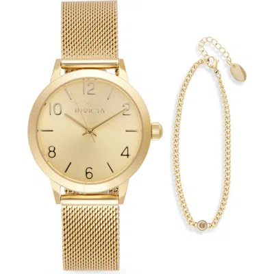 Invicta Wildflower Mesh Strap Watch & Bracelet Set In Gold