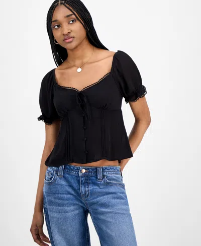 Planet Heart Juniors' Sweetheart-neck Puff-sleeve Top In Black