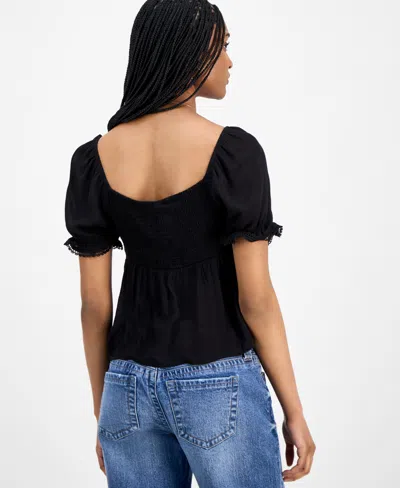 Planet Heart Juniors' Sweetheart-neck Puff-sleeve Top In Black