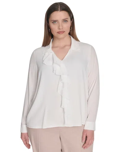 Calvin Klein Plus Size Georgette Long-sleeve Ruffle-front Blouse In White