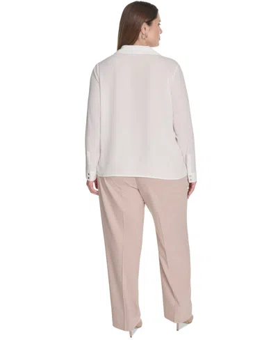 Calvin Klein Plus Size Georgette Long-sleeve Ruffle-front Blouse In White