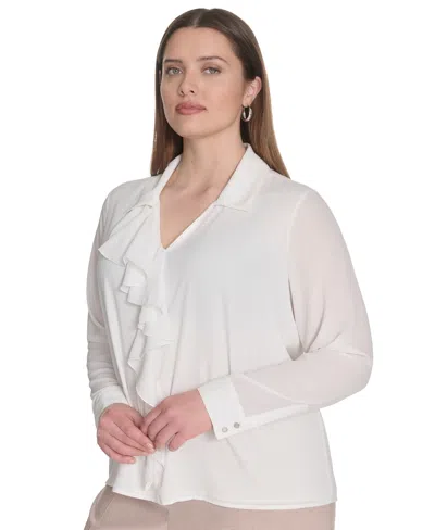 Calvin Klein Plus Size Georgette Long-sleeve Ruffle-front Blouse In White