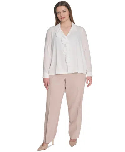 Calvin Klein Plus Size Georgette Long-sleeve Ruffle-front Blouse In White