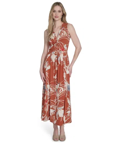 Calvin Klein Petite Sleeveless V-neck A-line Dress In Brown