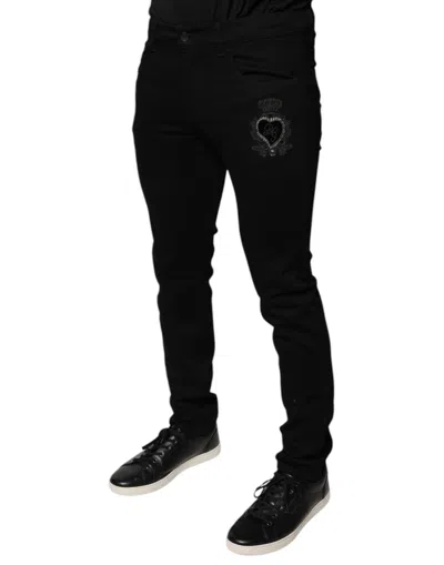 Dolce & Gabbana Black Dg Crown Logo Cotton Skinny Denim Jeans In Black
