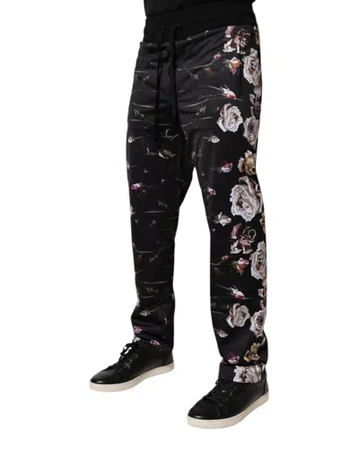 Dolce & Gabbana Black Floral Polyester Jogger Men's Pants In Black