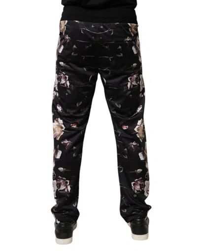 Dolce & Gabbana Black Floral Polyester Jogger Men's Pants In Black