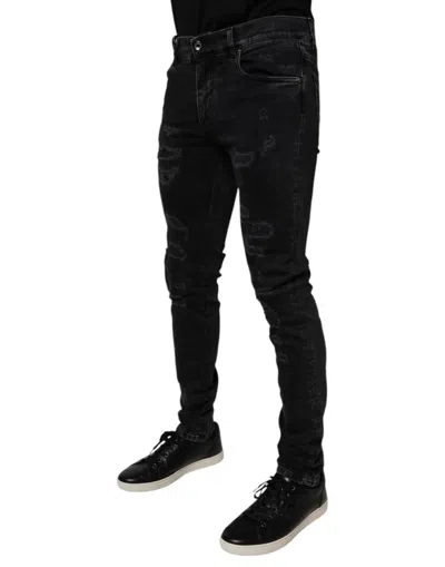Dolce & Gabbana Black Tattered Cotton Skinny Men Denim Jeans In Black