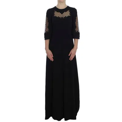 Dolce & Gabbana Black Ricamo Wool Stretch Maxi Dress