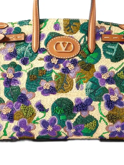 Valentino Garavani Antibes Small Violet Flower Raffia Tote Bag In Natural Multi Camel