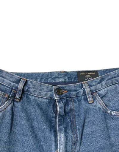 Dolce & Gabbana Blue Cotton Logo Men Loose Denim Jeans In Blue