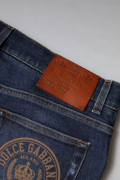 Dolce & Gabbana Blue Cotton Logo Print Slim Fit Denim Men's Jeans In Blue