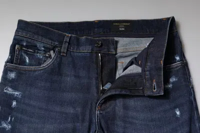Dolce & Gabbana Blue Cotton Logo Print Slim Fit Denim Men's Jeans In Blue