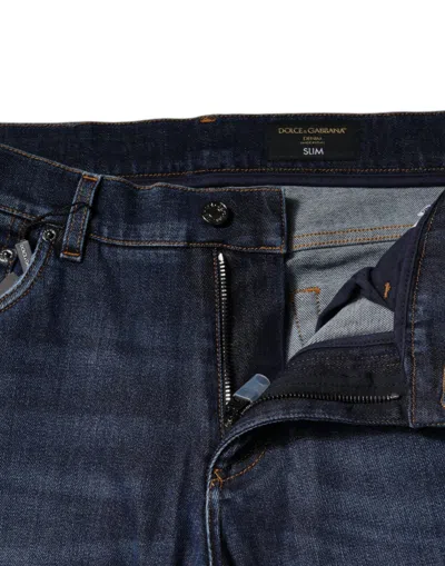 Dolce & Gabbana Blue Cotton Logo Print Slim Fit Denim Men's Jeans In Blue