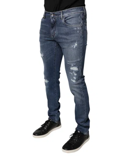 Dolce & Gabbana Blue Tattered Cotton Stretch Skinny Denim Jeans In Blue