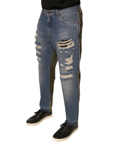 Dolce & Gabbana Blue Tattered Straight Cropped Denim Jeans In Blue