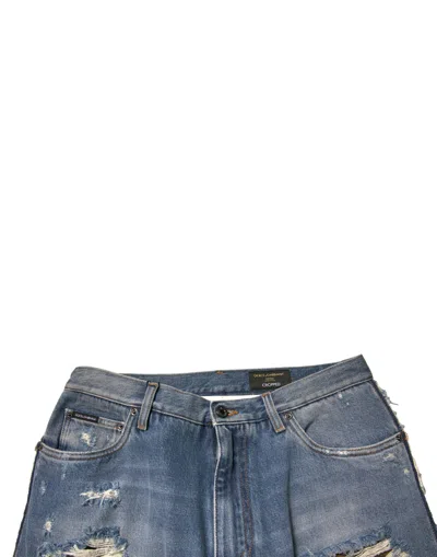 Dolce & Gabbana Blue Tattered Straight Cropped Denim Jeans In Blue