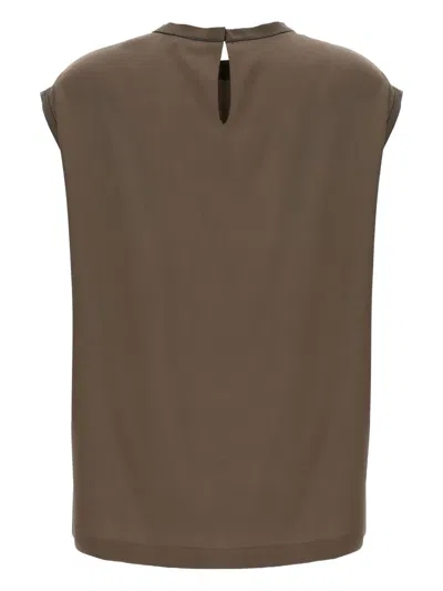 Brunello Cucinelli Silk Crewneck Blouse With Back Button Closure In Brown