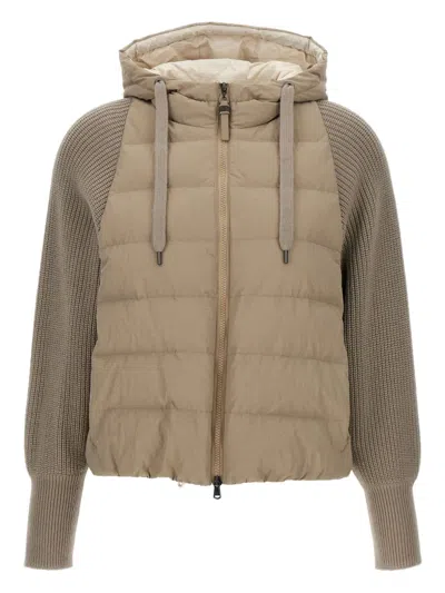 Brunello Cucinelli Two-material Puffer Jacket Casual Jackets And Parka Beige In Brown