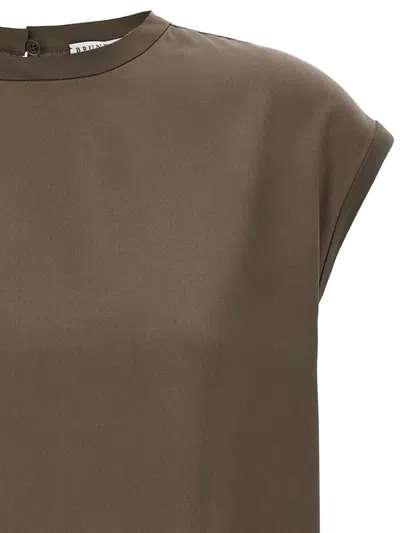 Brunello Cucinelli Silk Crewneck Blouse With Back Button Closure In Brown