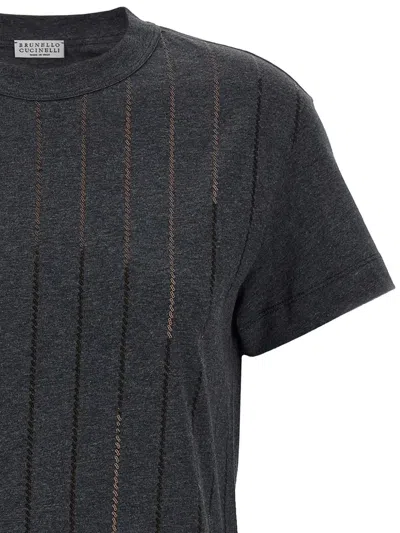 Brunello Cucinelli Dazzling Chalk Stripe Embroidery T-shirt