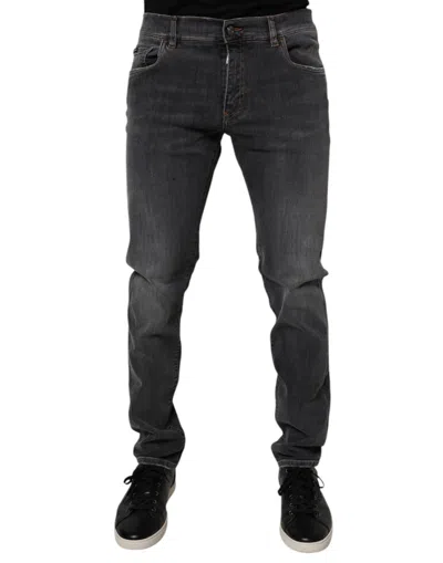 Dolce & Gabbana Dark Gray Washed Cotton Slim Fit Denim Jeans In Blue