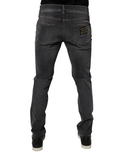 Dolce & Gabbana Dark Gray Washed Cotton Slim Fit Denim Jeans In Blue
