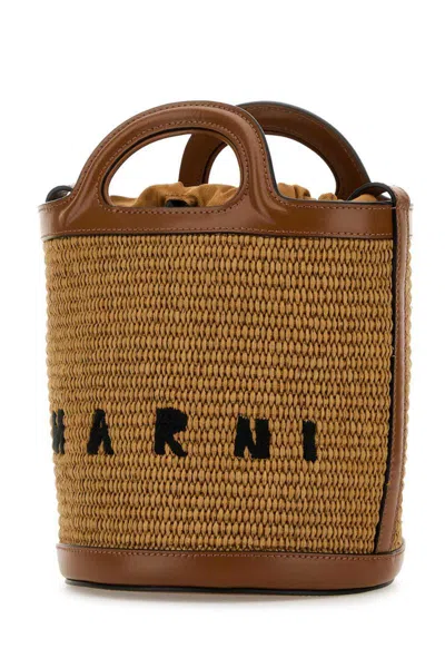 Marni Women Two-tone Leather And Raffia Tropicalia Bucket Bag In Brown