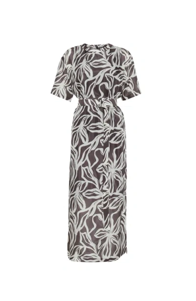 Brunello Cucinelli Floral Print Dress With Monili In Brown