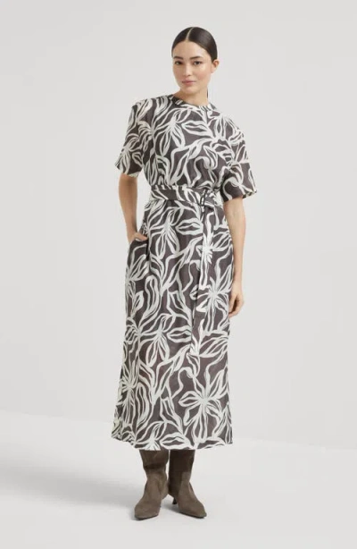 Brunello Cucinelli Floral Print Dress With Monili In Brown