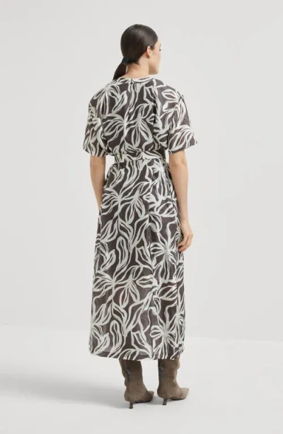 Brunello Cucinelli Floral Print Dress With Monili In Brown