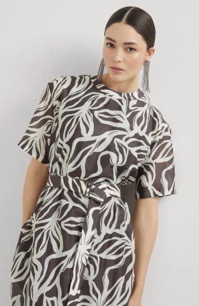 Brunello Cucinelli Floral Print Dress With Monili In Brown