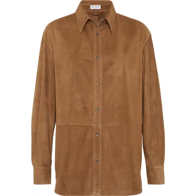 Brunello Cucinelli Suede Shirt With Monili In Brown