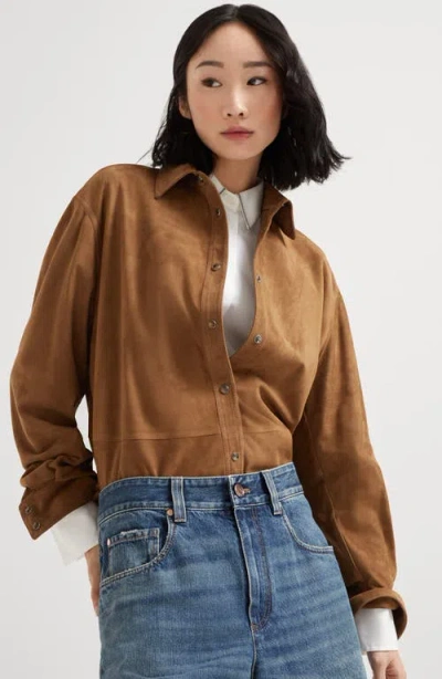 Brunello Cucinelli Suede Shirt With Monili In Brown