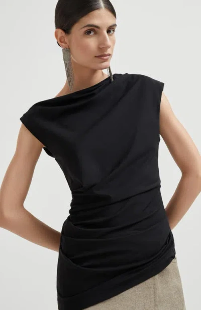 Brunello Cucinelli Ruched T-shirt With Monili In Black