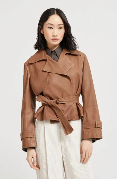 Brunello Cucinelli Vintage Nappa Leather Cropped Trench Coat In Brown