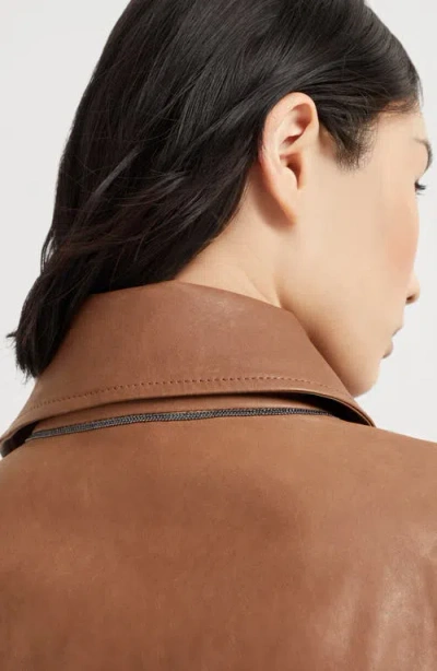 Brunello Cucinelli Vintage Nappa Leather Cropped Trench Coat In Brown